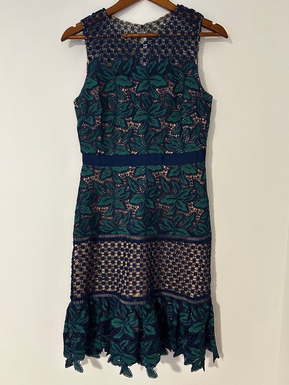 Badgley Mischka Belle by Deanndra Emerald Green Navy Blue Dress Lace A-line US 6